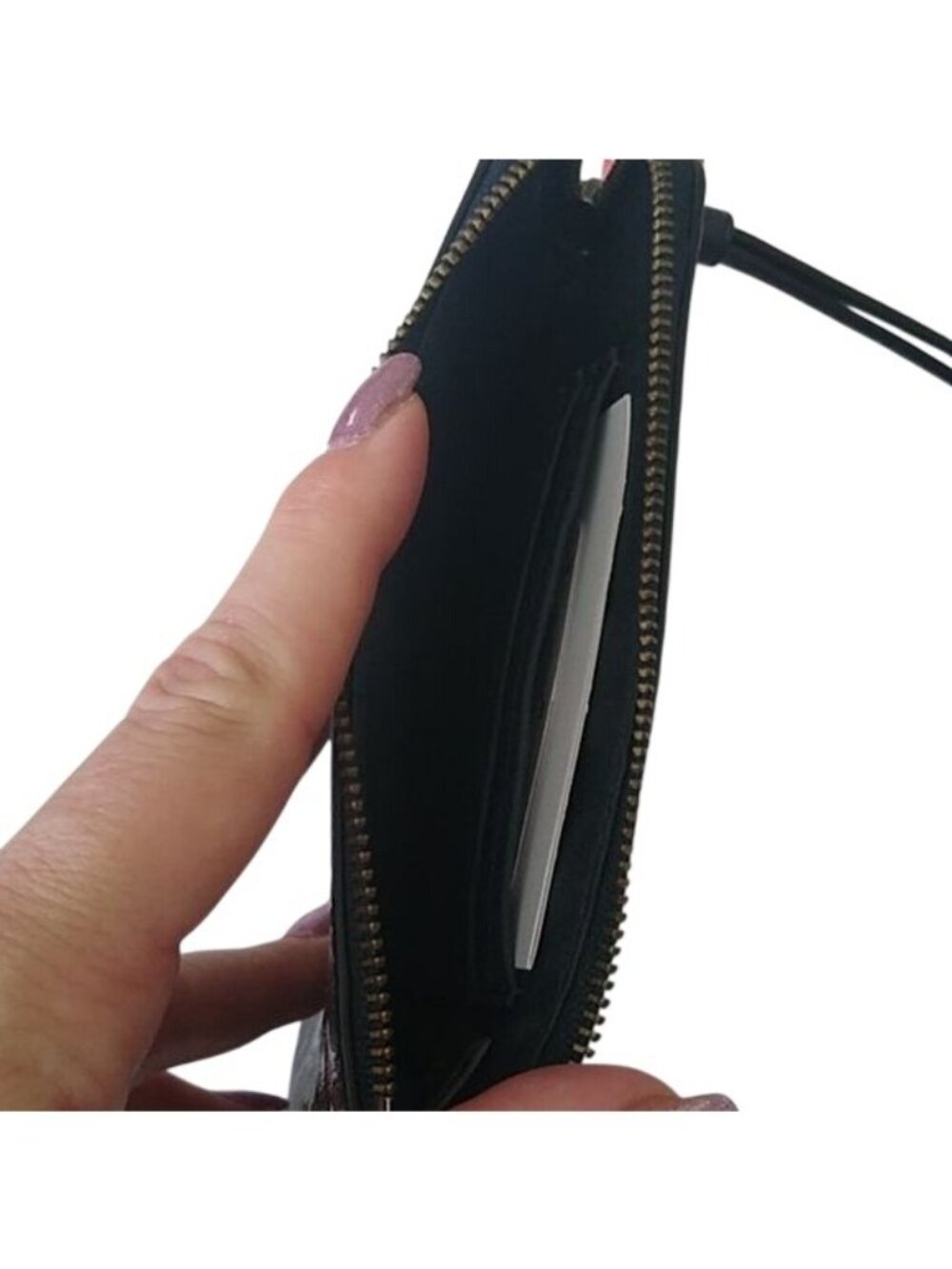 Coach F39168 Signature Glitter Patent Leather Corner Zip Wristlet, QB/Charcoal - Picture 8 of 9